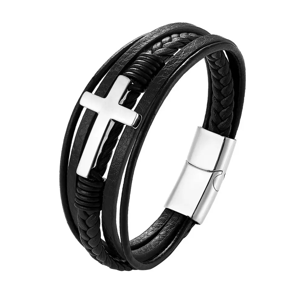 Leather Magnetic-clasp Stainless Steel Cross Bracelet For Men 421c0bc5 Bc1c 4c3b Aa2d 107e2552b419
