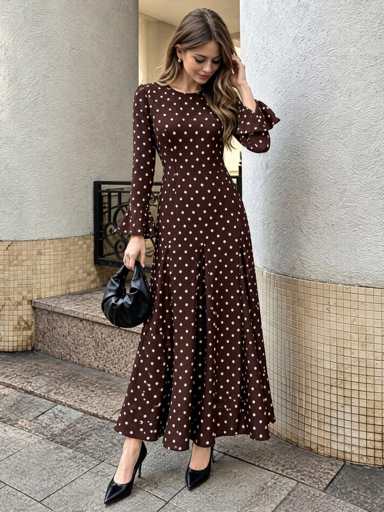 Women's Autumn New Style Waist-Cinching Bell-Sleeve Polka-Dot Dress 999cf97c 0b3d 4ad2 A617 E863ff9371c3 750x1000